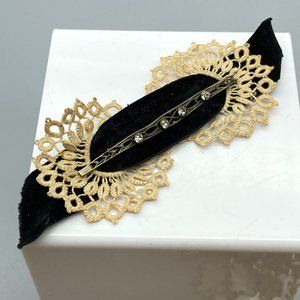 Victorian Mourning Bar Brooch with Velvet Ribbon and Lace, Long Crystal Lapel